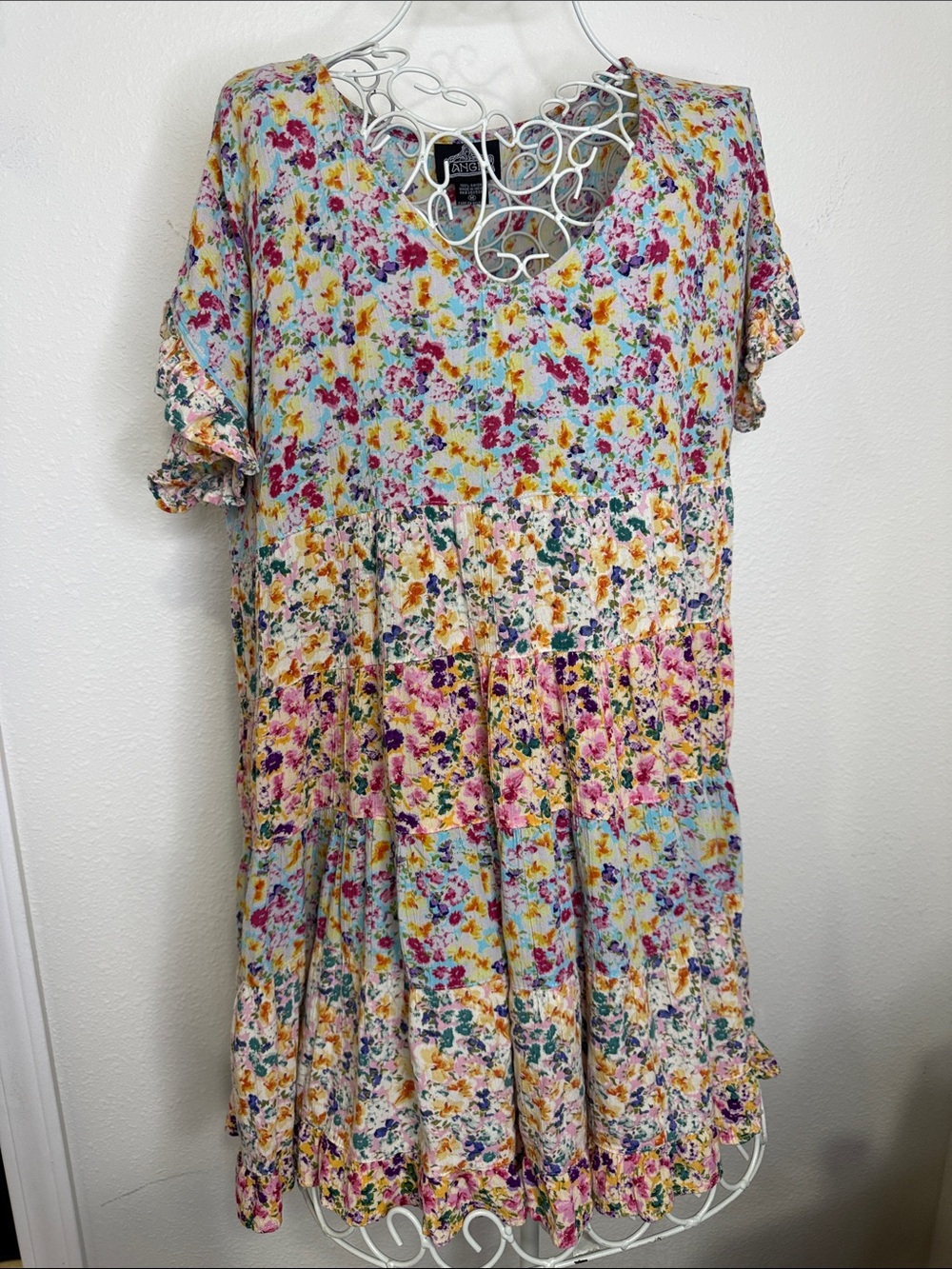 Angie SZ M Light Blue Floral Tiered Short Sleeve Dress/Tunic